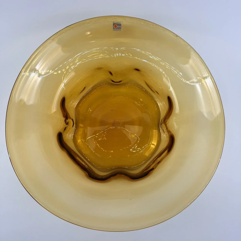 Blenko 8512 Amber Hand Blown Art Glass Pedestal Centerpiece Bowl